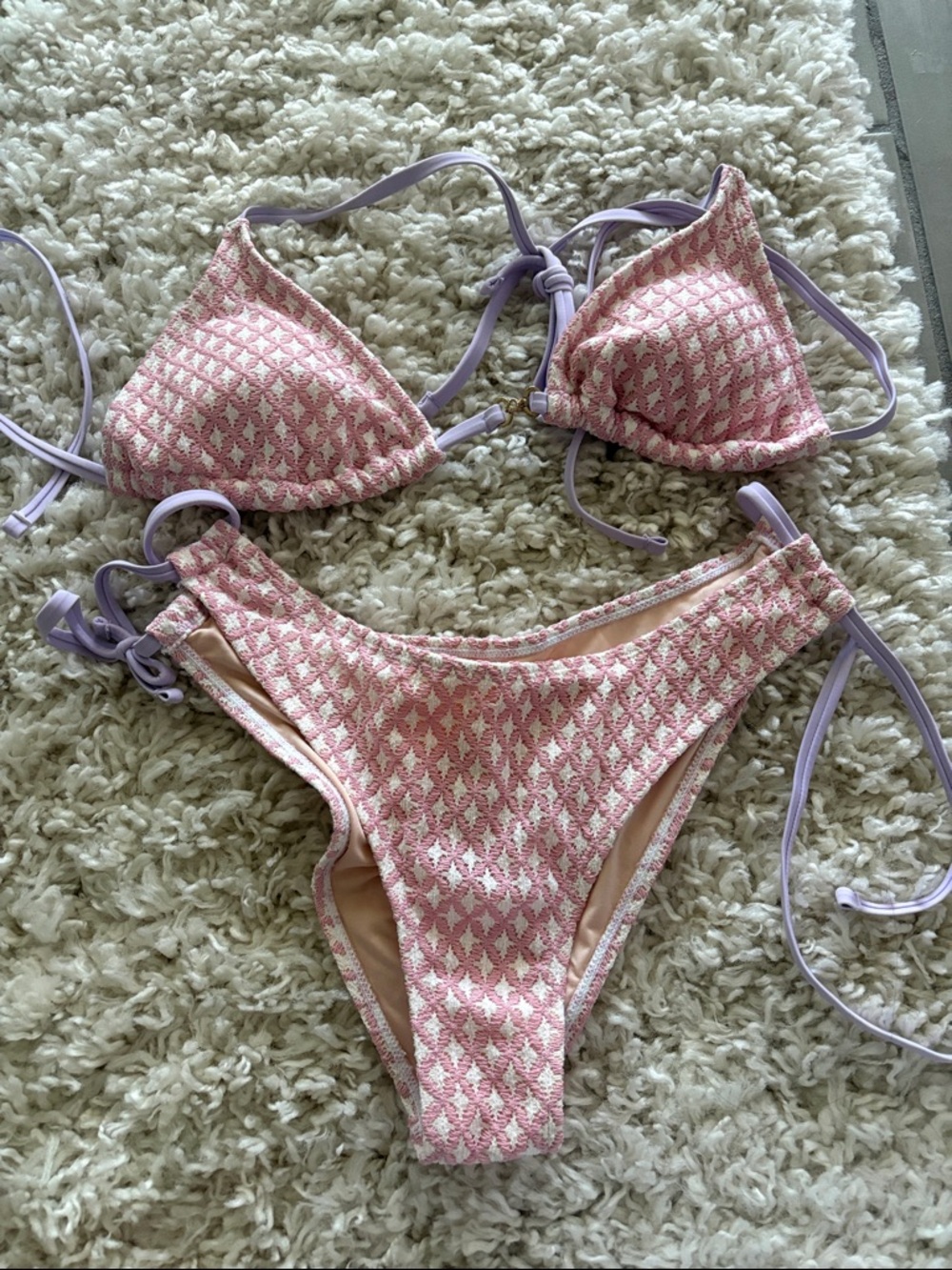Cupshe Pink Patterned Textured Triangle Bikini with Lilac Straps